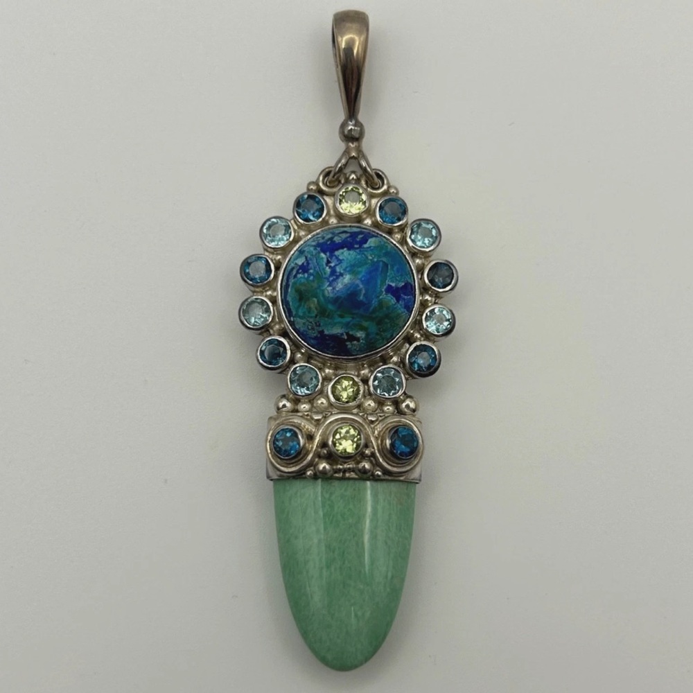 Sajen 925 Sterling Pendant Azurite Malachite Amazonite Blue Topaz Peridot Large
